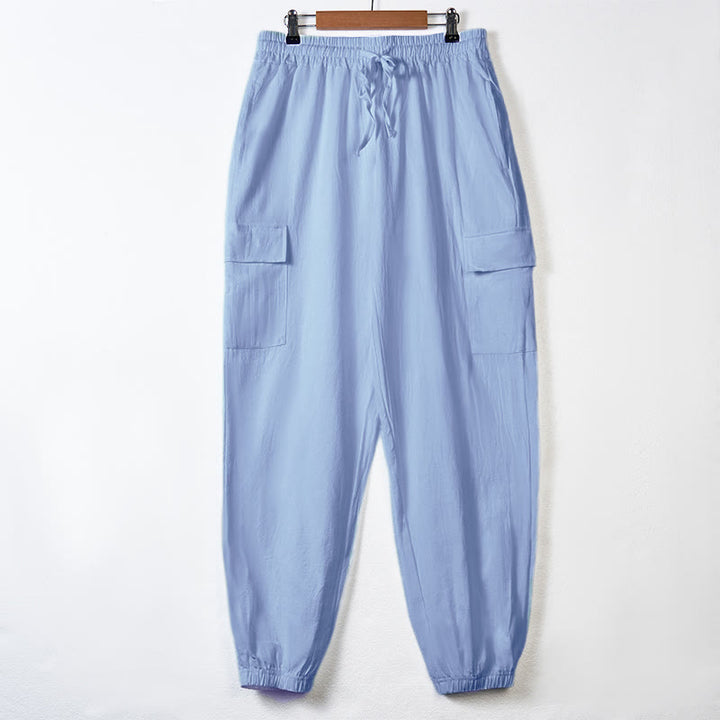 Spodnie cargo męskie z kieszeniami i ściągaczem z motywem Buddha Stones w jednolitym kolorze z lnu - LightSkyBlue - US/UK/AU46， EU56 (3XL) - image 9