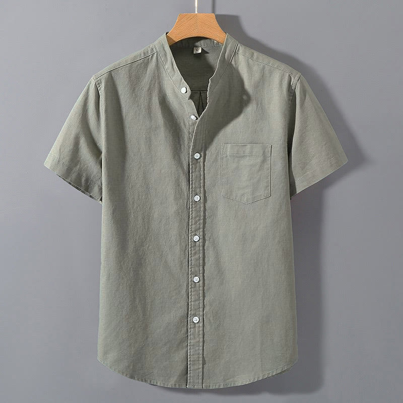 Koszula męska z krótkim rękawem i bawełną lnianą z guzikami "Buddha Stones" na lato - DarkSeaGreen - US/UK/AU42， EU52 (3XL)  - image 0