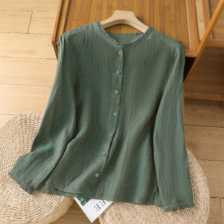 Koszula damska z falbaną i okrągłym dekoltem w kwiaty z motywem Buddha Stones, wiosenna, z guzikami w jednolitym kolorze - SeaGreen - US14, UK/AU18, EU46 (2XL) - image 0