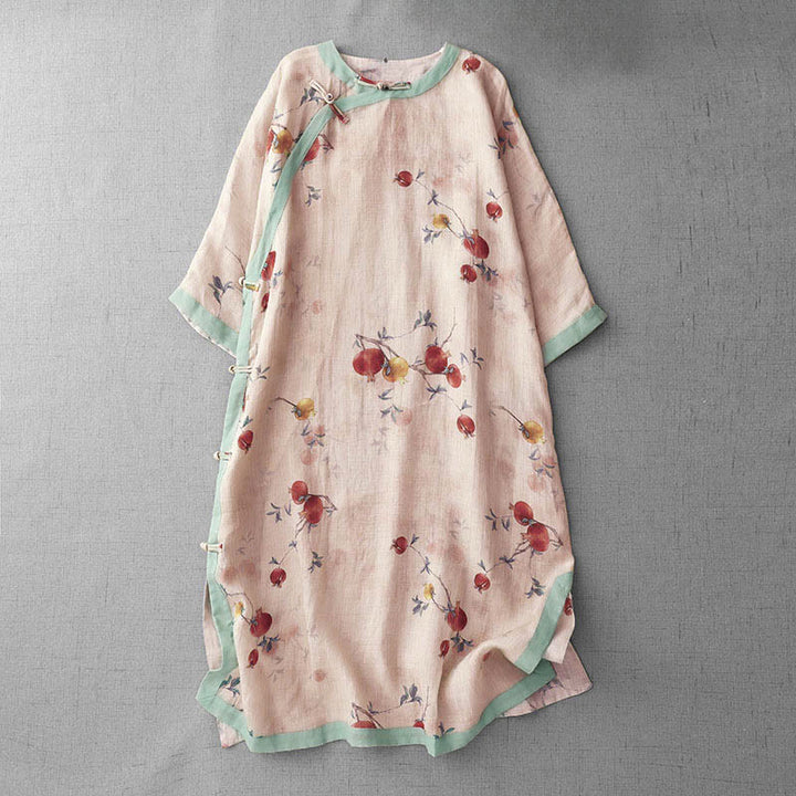Sukienka midi z rozcięciem z boku, półrękawem, guzikami z Buddha Stones i orchideą w kwiaty granatu - PeachPuff - US12, UK/AU16, EU44 (2XL) - image 1