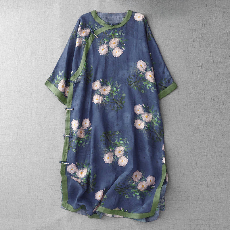 Sukienka midi z rozcięciem z boku, półrękawem, guzikami z Buddha Stones i orchideą w kwiaty granatu - Ciemnoniebieski - US12, UK/AU16, EU44 (2XL) - image 13