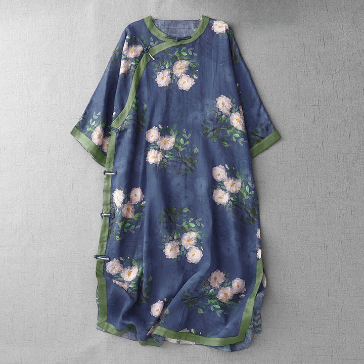 Sukienka midi z rozcięciem z boku, półrękawem, guzikami z Buddha Stones i orchideą w kwiaty granatu - Ciemnoniebieski - US12, UK/AU16, EU44 (2XL) - image 13