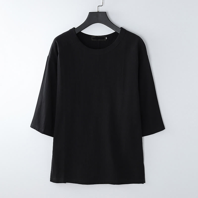 Koszulka męska z bawełny i lnu z okrągłym dekoltem i rękawami do łokcia „Buddha Stones” na lato i na co dzień - Czarny - US/UK/AU54， EU64 (9XL) - image 7