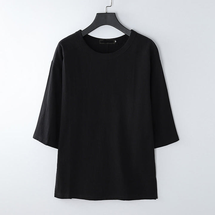 Koszulka męska z bawełny i lnu z okrągłym dekoltem i rękawami do łokcia „Buddha Stones” na lato i na co dzień - Czarny - US/UK/AU54， EU64 (9XL) - image 7