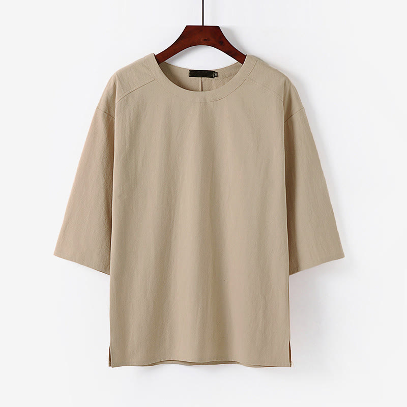 Koszulka męska z bawełny i lnu z okrągłym dekoltem i rękawami do łokcia „Buddha Stones” na lato i na co dzień - For - US/UK/AU54， EU64 (9XL) - image 0