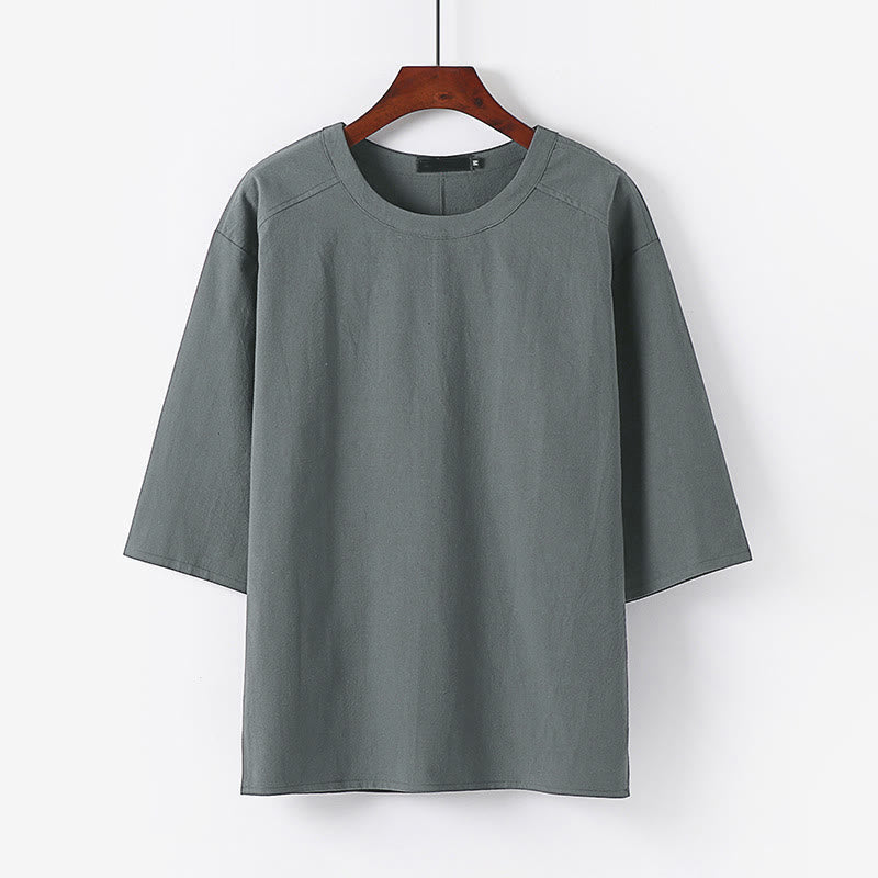 Koszulka męska z bawełny i lnu z okrągłym dekoltem i rękawami do łokcia „Buddha Stones” na lato i na co dzień - Szary - US/UK/AU54， EU64 (9XL) - image 6