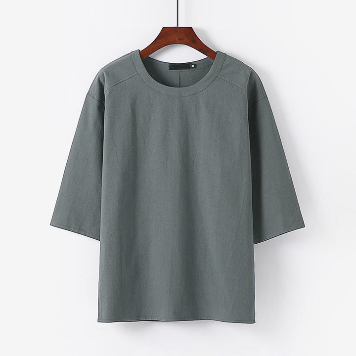 Koszulka męska z bawełny i lnu z okrągłym dekoltem i rękawami do łokcia „Buddha Stones” na lato i na co dzień - Szary - US/UK/AU54， EU64 (9XL) - image 6