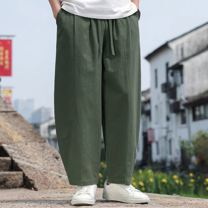 Buddha Stones Letnie, swobodne, minimalistyczne, długie spodnie męskie z bawełny ściąganej sznurkiem i kieszenią - image 25
