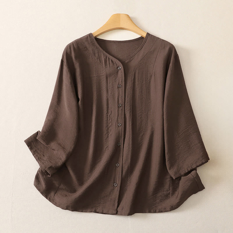 Buddha Stones Letnie, swobodne, minimalistyczne, zapinane na guziki, damskie koszule z długim rękawem - SaddleBrown - US12, UK/AU16, EU44 (3XL) - image 17