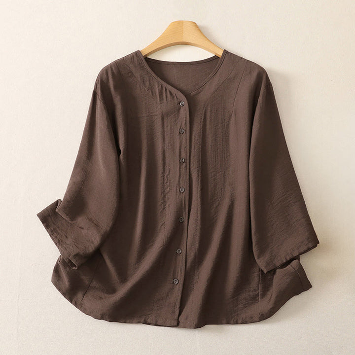 Buddha Stones Letnie, swobodne, minimalistyczne, zapinane na guziki, damskie koszule z długim rękawem - SaddleBrown - US12, UK/AU16, EU44 (3XL) - image 17