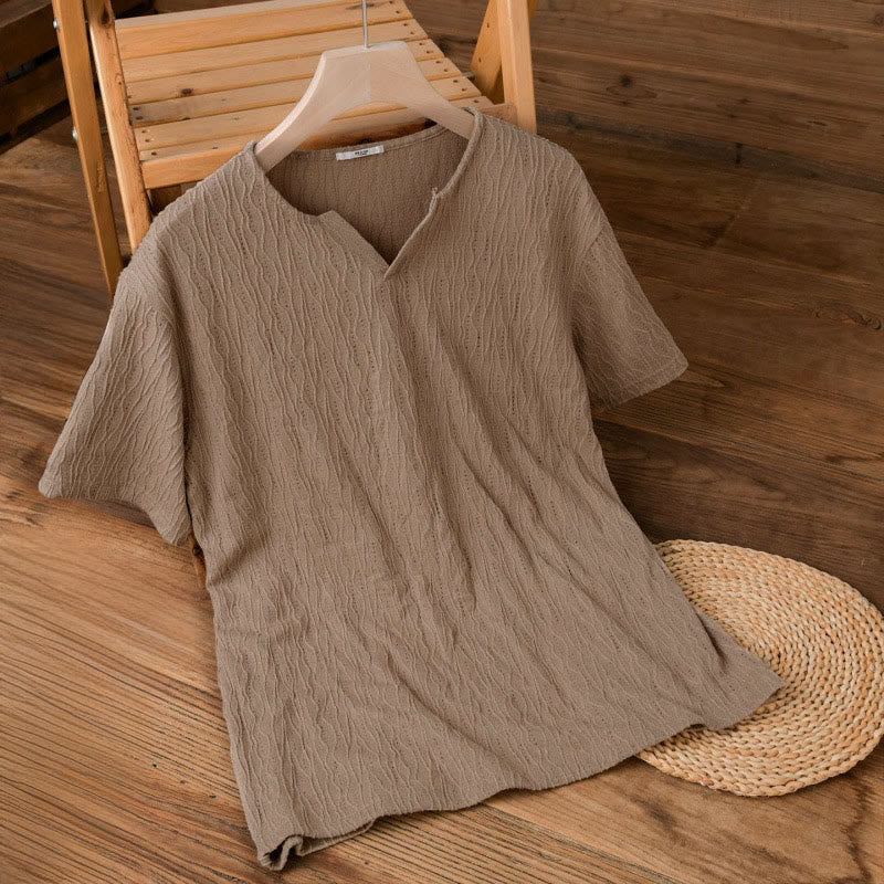 Buddha Stones Letnie, swobodne, minimalistyczne, męskie koszulki z krótkim rękawem i dekoltem w serek - BurlyWood - US/UK/AU42, EU52 (3XL) - image 5