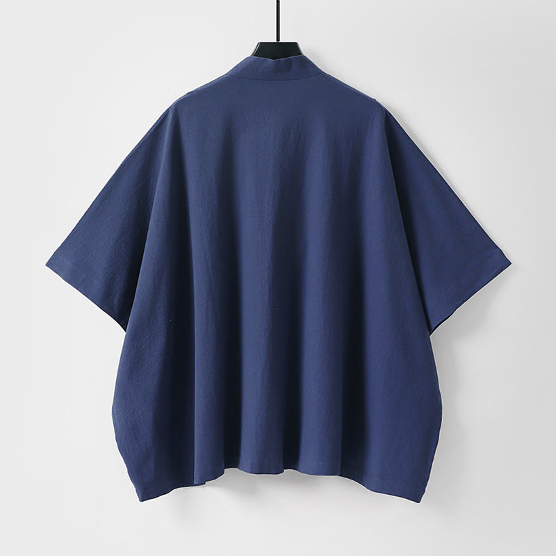 Buddha Stones Letnie, minimalistyczne, sznurowane, męskie kimono z krótkim rękawem i kieszeniami - image 5