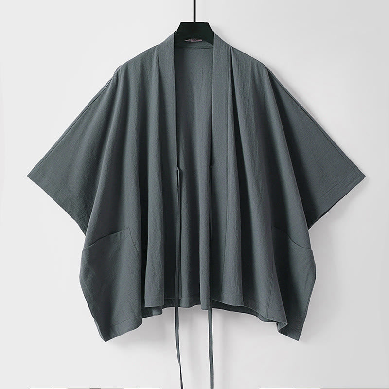 Buddha Stones Letnie, minimalistyczne, sznurowane, męskie kimono z krótkim rękawem i kieszeniami - image 1