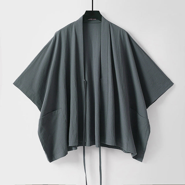 Buddha Stones Letnie, minimalistyczne, sznurowane, męskie kimono z krótkim rękawem i kieszeniami - image 1