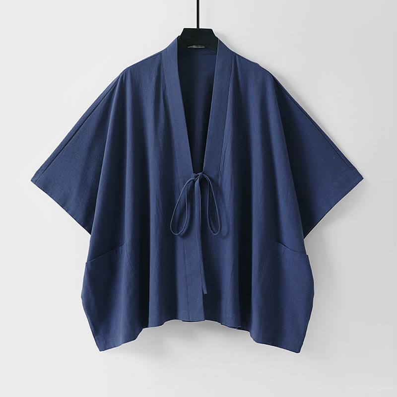Buddha Stones Letnie, minimalistyczne, sznurowane, męskie kimono z krótkim rękawem i kieszeniami - DarkSlateBlue - US/UK/AU40, EU50 (L) - image 4
