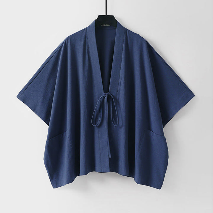 Buddha Stones Letnie, minimalistyczne, sznurowane, męskie kimono z krótkim rękawem i kieszeniami - DarkSlateBlue - US/UK/AU40, EU50 (L) - image 4