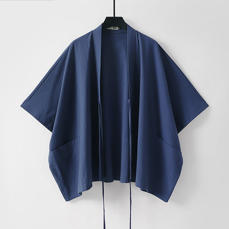 Buddha Stones Letnie, minimalistyczne, sznurowane, męskie kimono z krótkim rękawem i kieszeniami - image 6