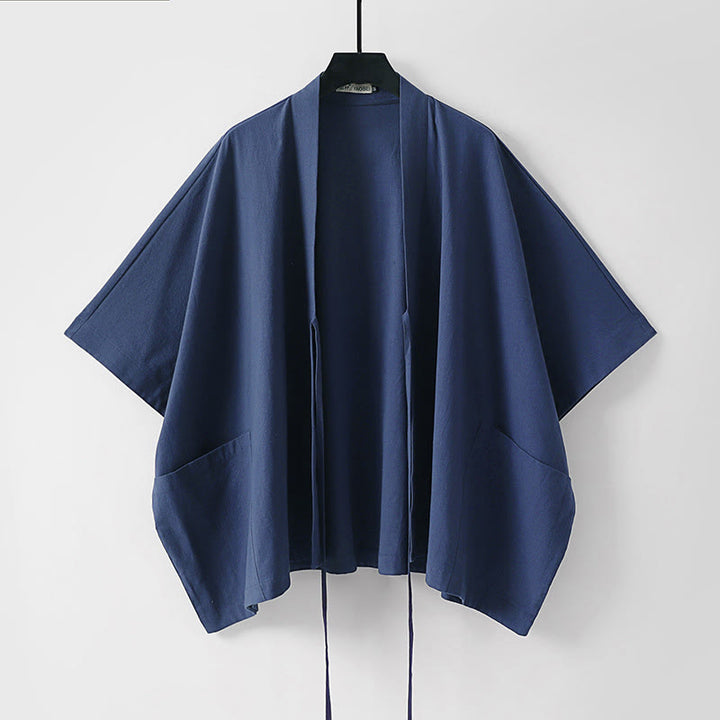 Buddha Stones Letnie, minimalistyczne, sznurowane, męskie kimono z krótkim rękawem i kieszeniami - image 6