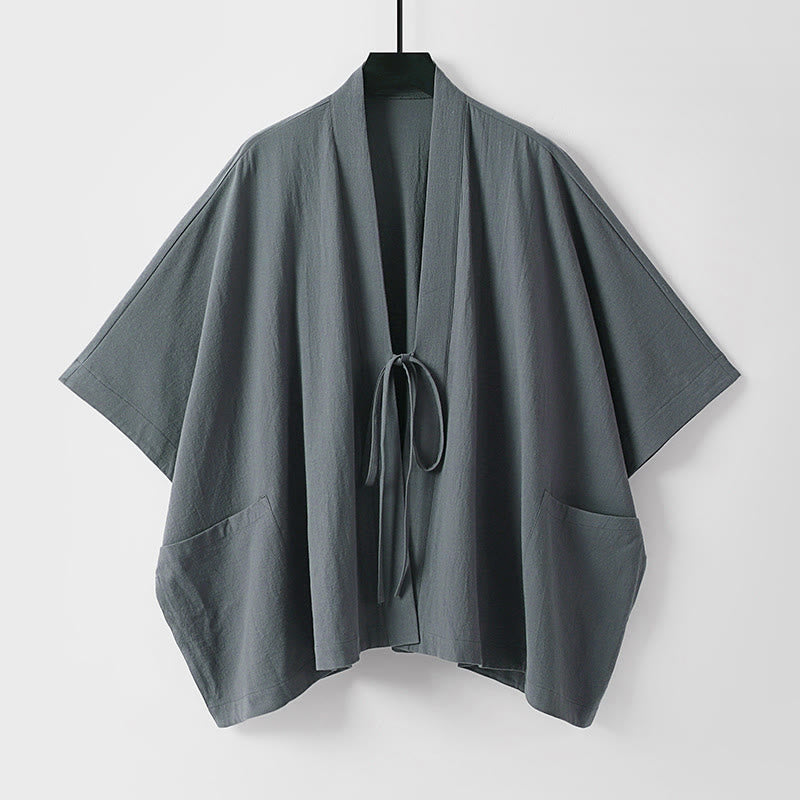 Buddha Stones Letnie, minimalistyczne, sznurowane, męskie kimono z krótkim rękawem i kieszeniami - DimGray - US/UK/AU40, EU50 (L) - image 0