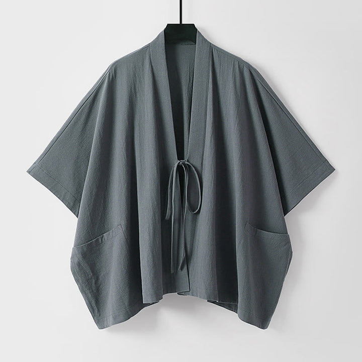 Buddha Stones Letnie, minimalistyczne, sznurowane, męskie kimono z krótkim rękawem i kieszeniami - DimGray - US/UK/AU40, EU50 (L) - image 0