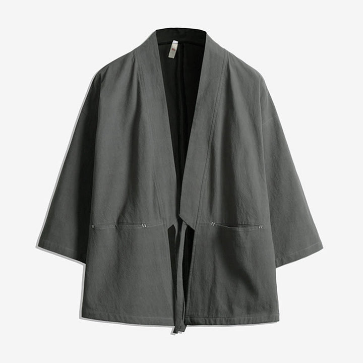 Męska kurtka kimono z jednokolorowymi sznurowanymi rękawami i odkrytym przodem, z motywem kamieni Buddha Stones - Szary - US/UK/AU48， EU58(5XL) - image 4