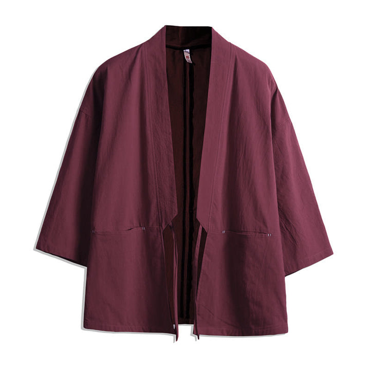 Męska kurtka kimono z jednokolorowymi sznurowanymi rękawami i odkrytym przodem, z motywem kamieni Buddha Stones - IndianRed - US/UK/AU48， EU58(5XL) - image 6