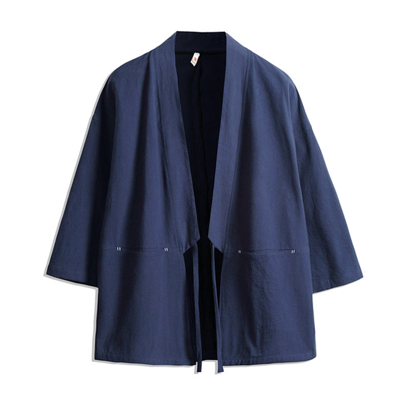 Męska kurtka kimono z jednokolorowymi sznurowanymi rękawami i odkrytym przodem, z motywem kamieni Buddha Stones - Stalowoniebieski - US/UK/AU48， EU58(5XL) - image 0