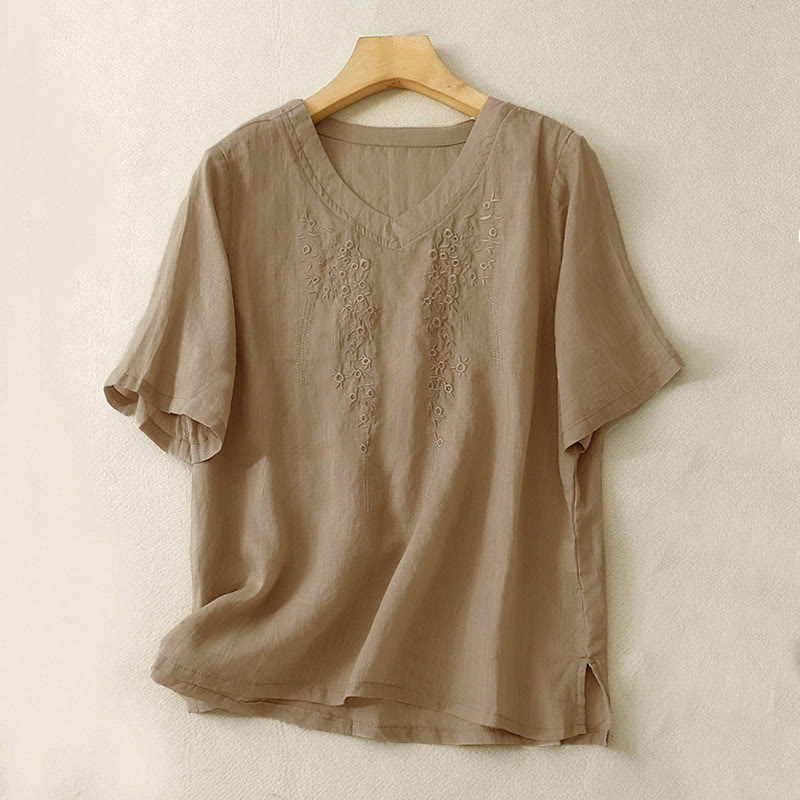 Koszula damska z haftowanymi kwiatami i dekoltem w serek, luźna, z krótkim rękawem i Buddha Stones - Dębnik - US8-10，UK/AU12-14，EU40-42 (2XL) - image 12