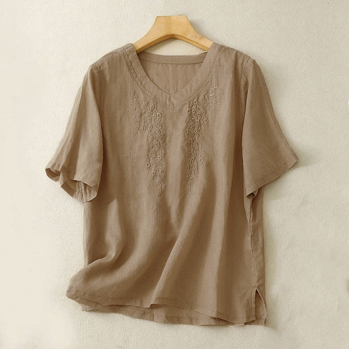 Koszula damska z haftowanymi kwiatami i dekoltem w serek, luźna, z krótkim rękawem i Buddha Stones - Dębnik - US8-10，UK/AU12-14，EU40-42 (2XL) - image 12