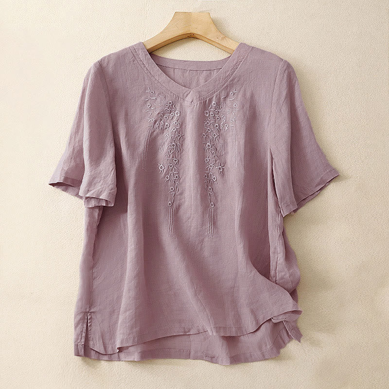 Koszula damska z haftowanymi kwiatami i dekoltem w serek, luźna, z krótkim rękawem i Buddha Stones - Oset - US8-10，UK/AU12-14，EU40-42 (2XL) - image 6