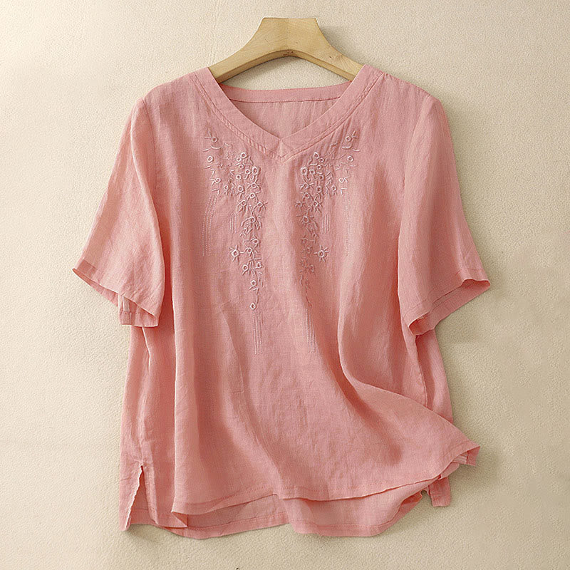 Koszula damska z haftowanymi kwiatami i dekoltem w serek, luźna, z krótkim rękawem i Buddha Stones - DarkSalmon - US8-10，UK/AU12-14，EU40-42 (2XL) - image 0