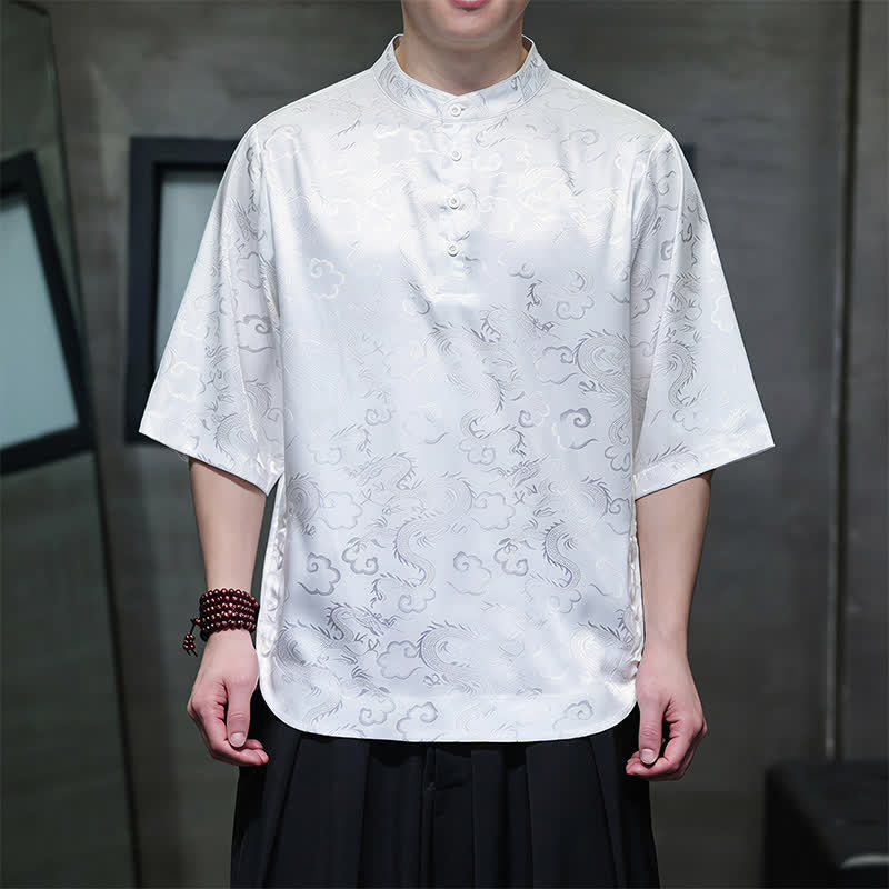 Buddha Stones Letnie koszule męskie z krótkim rękawem w stylu vintage Tang z kołnierzykiem stójkowym i wzorem w chmury smoka - Biały - US/UK/AU46, EU56 (5XL) - image 10