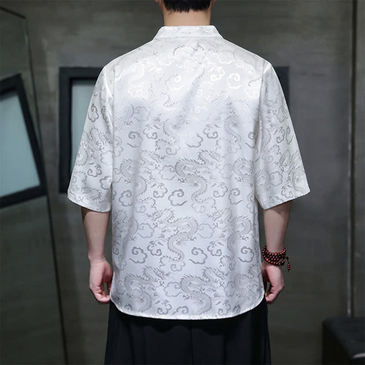 Buddha Stones Letnie koszule męskie z krótkim rękawem w stylu vintage Tang z kołnierzykiem stójkowym i wzorem w chmury smoka - image 13