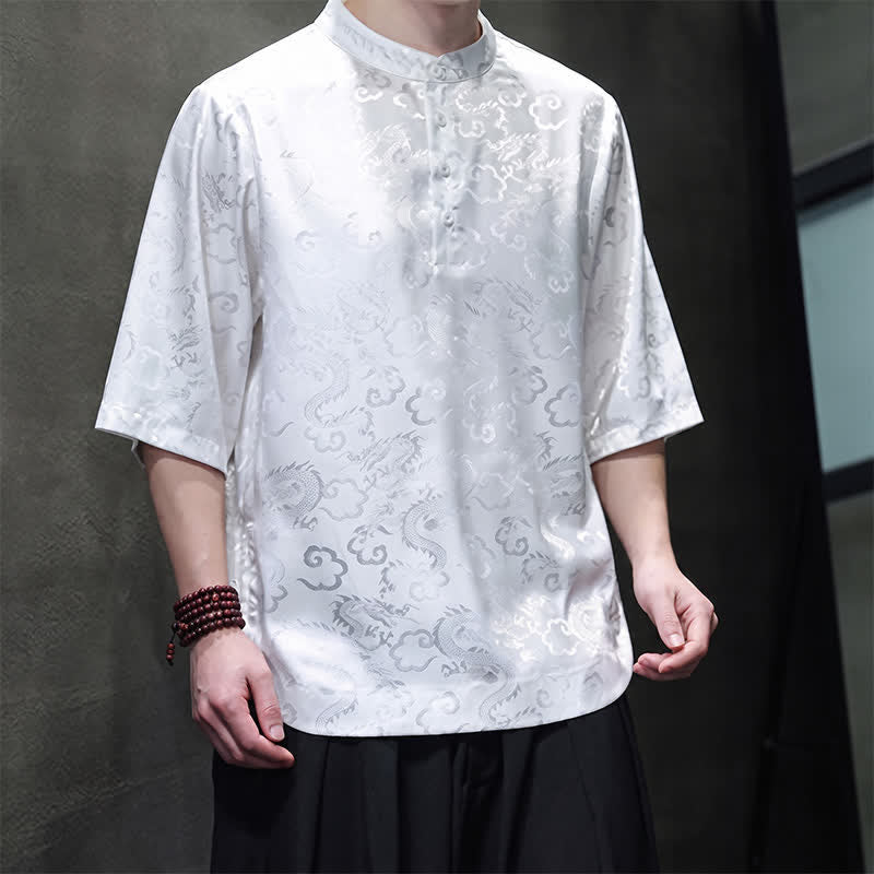 Buddha Stones Letnie koszule męskie z krótkim rękawem w stylu vintage Tang z kołnierzykiem stójkowym i wzorem w chmury smoka - image 15
