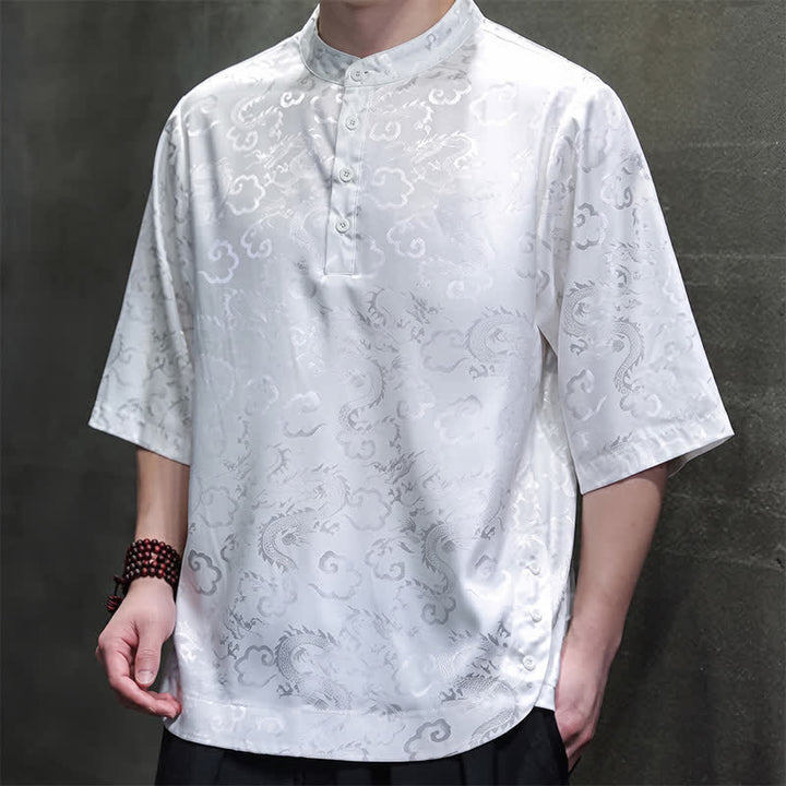 Buddha Stones Letnie koszule męskie z krótkim rękawem w stylu vintage Tang z kołnierzykiem stójkowym i wzorem w chmury smoka - image 14