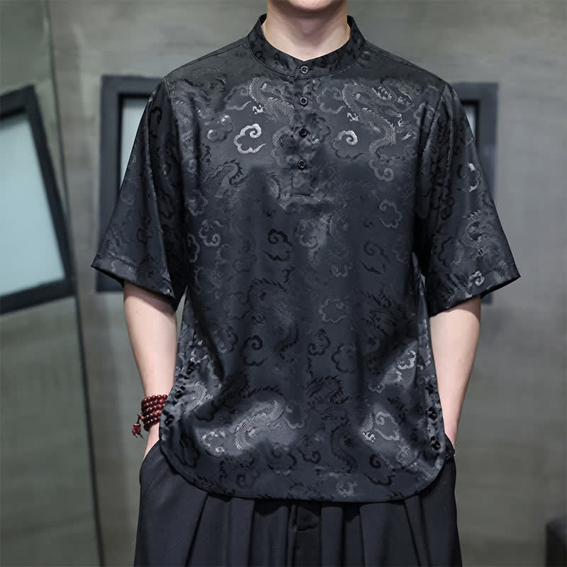 Buddha Stones Letnie koszule męskie z krótkim rękawem w stylu vintage Tang z kołnierzykiem stójkowym i wzorem w chmury smoka - Czarny - US/UK/AU46, EU56 (5XL) - image 0