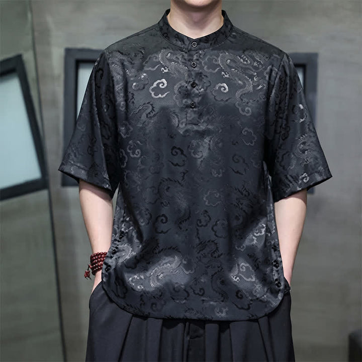 Buddha Stones Letnie koszule męskie z krótkim rękawem w stylu vintage Tang z kołnierzykiem stójkowym i wzorem w chmury smoka - Czarny - US/UK/AU46, EU56 (5XL) - image 0