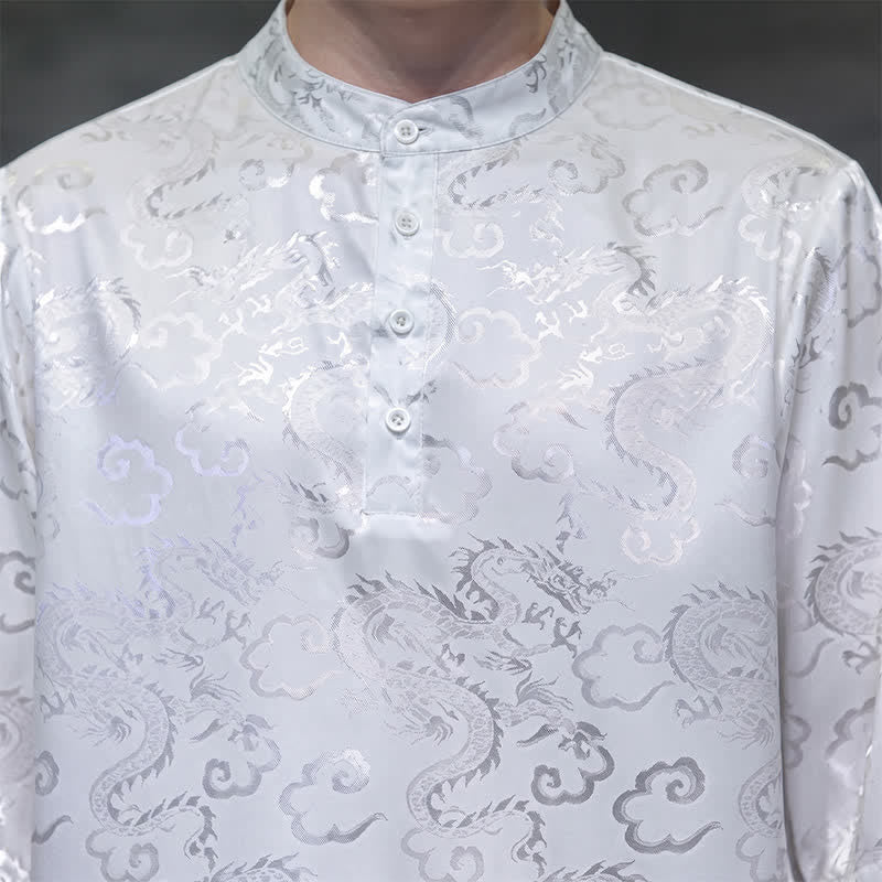 Buddha Stones Letnie koszule męskie z krótkim rękawem w stylu vintage Tang z kołnierzykiem stójkowym i wzorem w chmury smoka - image 18