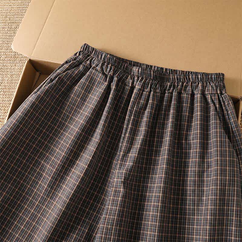 Buddha Stones Spodnie damskie w kratę w kolorze brązowym, wiosenno-letnim, z szerokimi nogawkami i kieszeniami - image 5