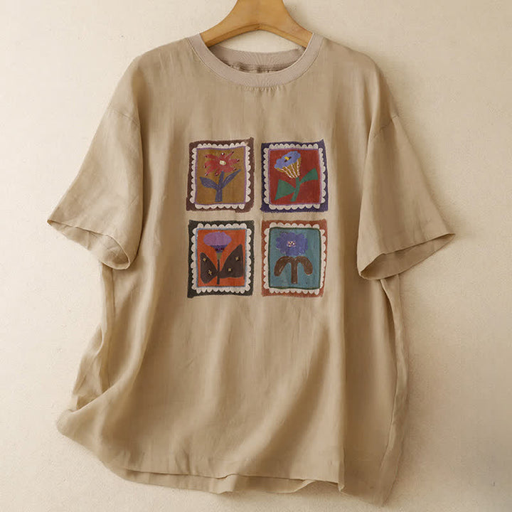 Buddha Stones Letnie, swobodne, vintage'owe, kwadratowe, patchworkowe koszulki damskie z krótkim rękawem - Blada nawłoć - US12, UK/AU16, EU44 (2XL) - image 0