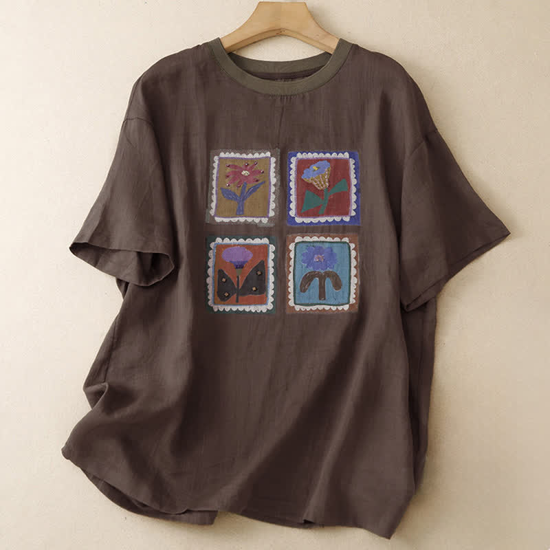 Buddha Stones Letnie, swobodne, vintage'owe, kwadratowe, patchworkowe koszulki damskie z krótkim rękawem - SaddleBrown - US12, UK/AU16, EU44 (2XL) - image 9