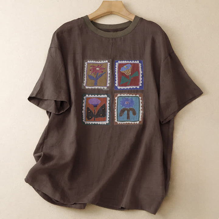 Buddha Stones Letnie, swobodne, vintage'owe, kwadratowe, patchworkowe koszulki damskie z krótkim rękawem - SaddleBrown - US12, UK/AU16, EU44 (2XL) - image 9