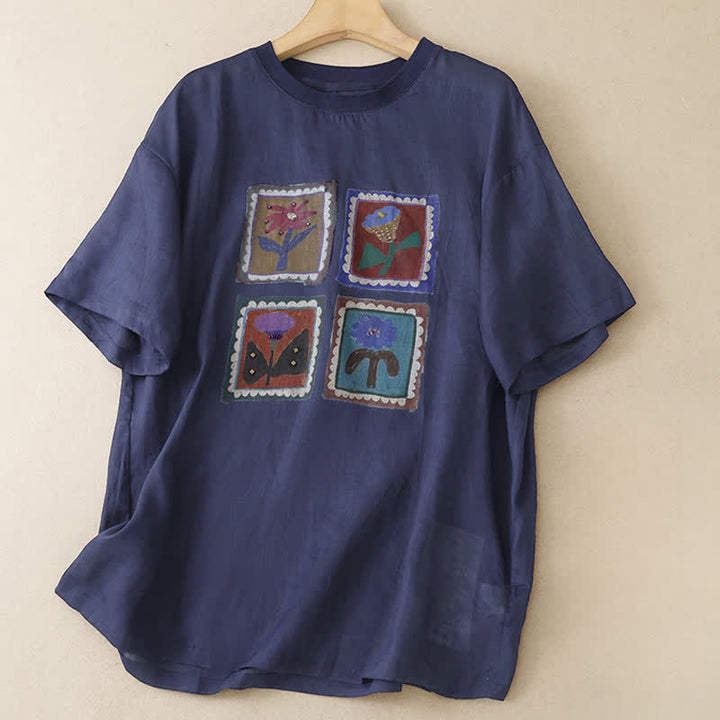 Buddha Stones Letnie, swobodne, vintage'owe, kwadratowe, patchworkowe koszulki damskie z krótkim rękawem - MidnightBlue - US12, UK/AU16, EU44 (2XL) - image 15