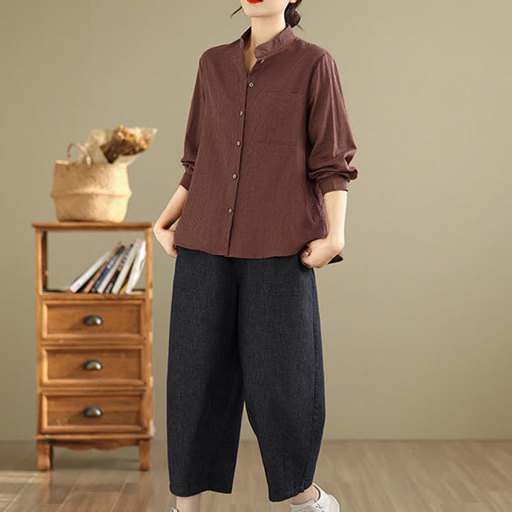 Buddha Stones Koszule damskie w paski z długim rękawem i kieszenią naszywaną, w stylu Tang, w stylu casual, z kołnierzykiem stójkowym - image 14