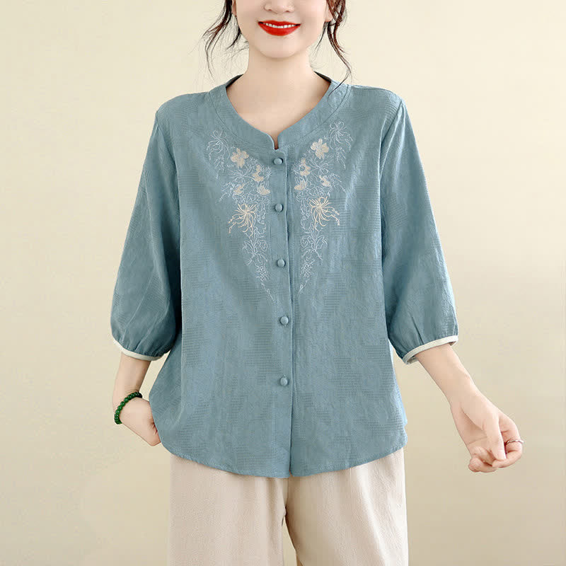 Buddha Stones Letnie koszule damskie w stylu vintage Tang z haftem kwiatowym i rękawami trzy czwarte - PowderBlue - US12, UK/AU16, EU44 (3XL) - image 18