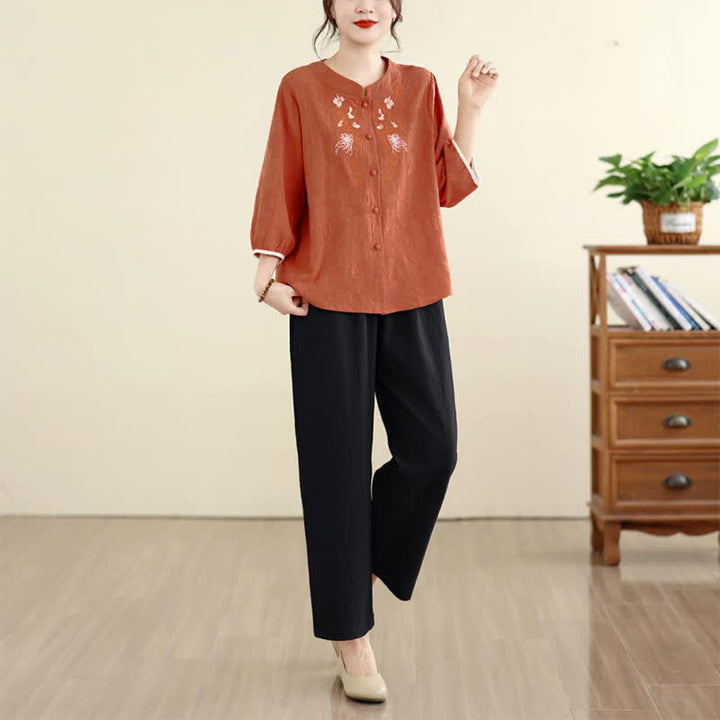 Buddha Stones Letnie koszule damskie w stylu vintage Tang z haftem kwiatowym i rękawami trzy czwarte - image 15