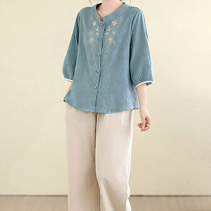 Buddha Stones Letnie koszule damskie w stylu vintage Tang z haftem kwiatowym i rękawami trzy czwarte - image 19