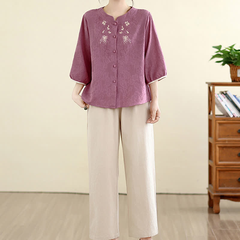 Buddha Stones Letnie koszule damskie w stylu vintage Tang z haftem kwiatowym i rękawami trzy czwarte - image 1