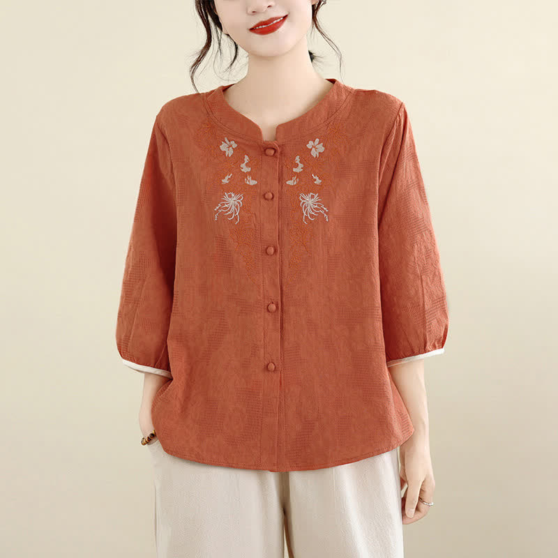 Buddha Stones Letnie koszule damskie w stylu vintage Tang z haftem kwiatowym i rękawami trzy czwarte - Koral - US12, UK/AU16, EU44 (3XL) - image 10