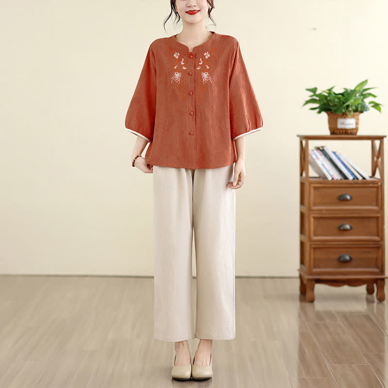 Buddha Stones Letnie koszule damskie w stylu vintage Tang z haftem kwiatowym i rękawami trzy czwarte - image 13